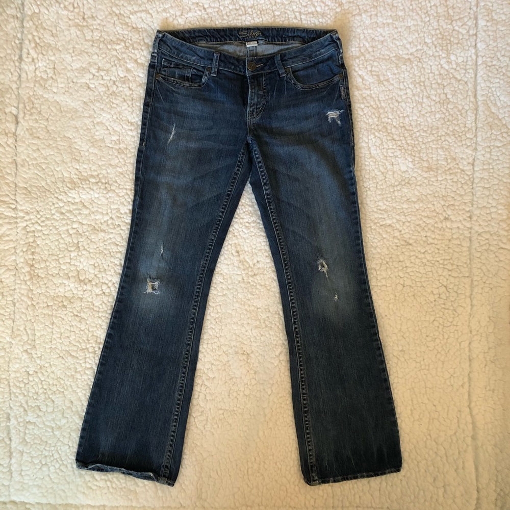 EUC Silver Jeans Co. Aiko Bootcut Jeans, Dark Wash, Factory Distressing